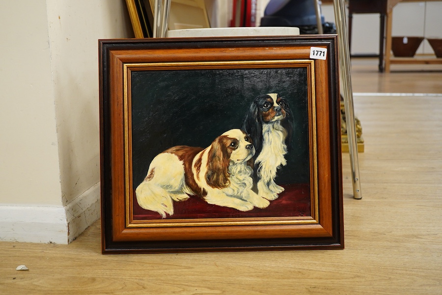 Contemporary oil on board, Study of two Cavalier King Charles Spaniels, indistinctly signed and dated '93, 29 x 34cm
